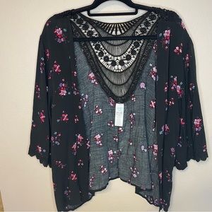 Time and Tru black floral crochet open kimono one size